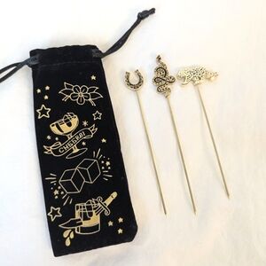 Love & Victory Gold Tone Cocktail Picks - Horseshoe, Snake, Leopard